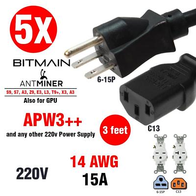 5 Units of Bitmain Antminer Power cable cord Heavy Duty 3FT 14 AWG NEMA 6 15P $109.99