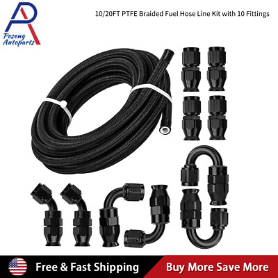 #ad 4 6 8 10AN Black Nylon PTFE Fuel Line 10 20ft 10 Fittings Hose Kit E85 US $76.94