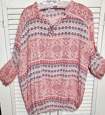 #ad NEW Plus Size 3X Peach Blouse Coral Top Ruffle Peasant Smocked Orange Shirt $28.95