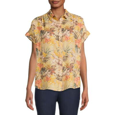 #ad Time and Tru Women#x27;s Tropical Print Shirt w Roll Cuff Short Sleeves MANY SIZES $12.55