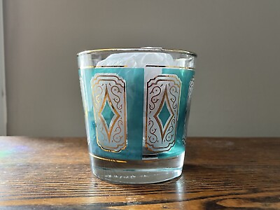 #ad Vintage MCM Libbey Green Emerald Blue 22k Gold Diamond Glass Cocktail Barware $18.00