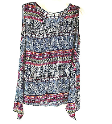 #ad Womens Cato Tank Top Multicolored longer on Sides Round Neck Flowing Size Small $10.50