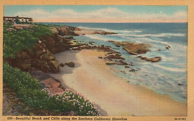 #ad Postcard CA Beautiful Beach Cliffs Souther California Shoreline 1947 PC f8514 $4.00