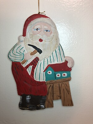 #ad Vintage Folk Art Hand Carved Painted Soft Wood Santa Christmas Ornament Flat $10.98