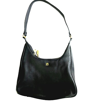#ad Etienne Aigner Black Leather Shoulder Bag Gold Accents 12 x 8 x 3 inch $14.93