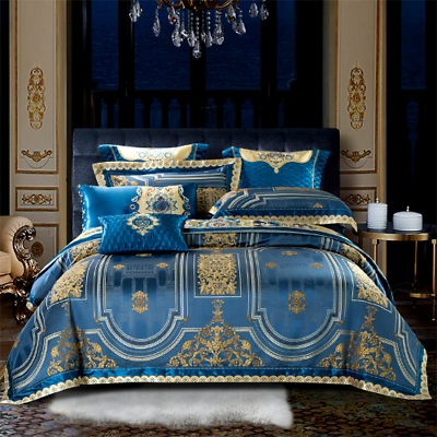 #ad Blue Jacquard Egyptian Cotton Bedding Set Gold Relief Duvet Cover Embroidery $473.96