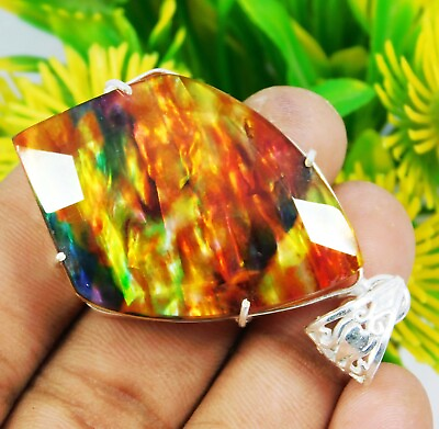 #ad 87.40 Ct Natural Ammolite Pendant 925 Solid Silver Fancy Cut Loose Gemstone $99.99