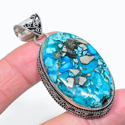 #ad Australia Pyrite In Turquoise Gemstone Sterling Silver Jewelry Pendant 2.36quot; A51 $27.45