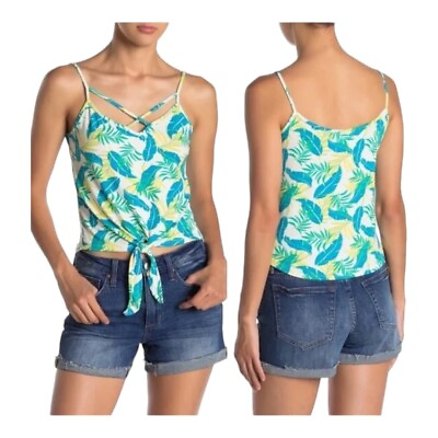 #ad Poof Floral Print Large Tie Knot Strappy Cami Tank Cropped Top Blue Tropical $9.99
