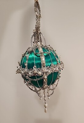 #ad Retired Cracker Box MINUET Bead Sequin Ornament Handmade Green Christmas $49.99