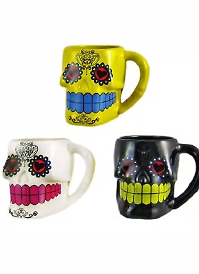 #ad Set Of 3 DAY OF THE DEAD Sugar Skull 3D Figural Coffee Mugs $24.95
