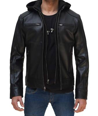 #ad Dodge Men’s Black Cafe Racer With Removable Hoody Real Sheepskin Leather Jacket AU $179.99