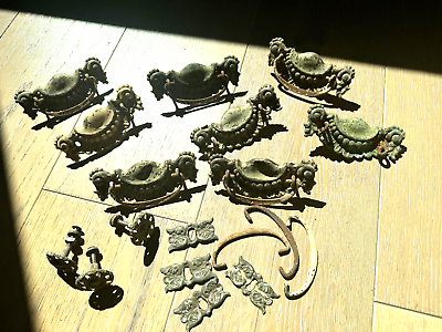 #ad 12 Antique Ornate Brass or Pressed Tin Victorian Drawer Pulls amp; Knobs Parts ETC. $28.00