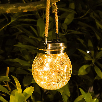 #ad Hanging Solar Lantern Lights Outdoor Waterproof Cracked Glass round Ball Lamp $26.86