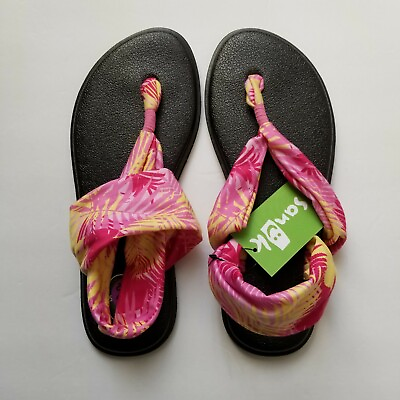 #ad NEW Sanuk Yoga Sling Sandals Flip Flops Pink Tropical Strap Women#x27;s Girl#x27;s 6 7 $29.95