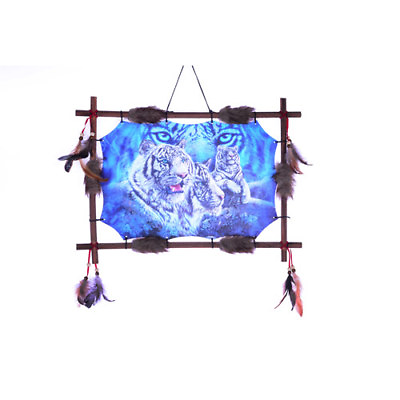 #ad 22quot;x16quot; Hidden White Tiger Dream Catcher Wall Hang Decor Feathers Wood Frame $29.99