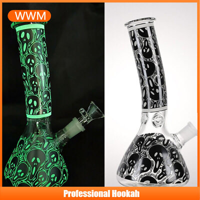 #ad 8inch Glass Hookah Glow in the Dark Black Skull Water Pipe Bong W ICE Catcher $16.99