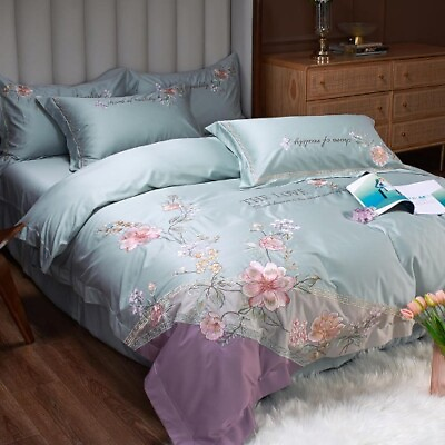 #ad Flowers Embroidery Bedding Set Luxury 600TC Egyptian Cotton Quilt Duvet Cover $292.58