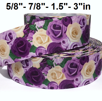 #ad GROSGRAIN RIBBON 5 8quot; 7 8quot; 1.5quot; 3quot; Flowers Roses Purple Mother#x27;s Day Printed $0.99