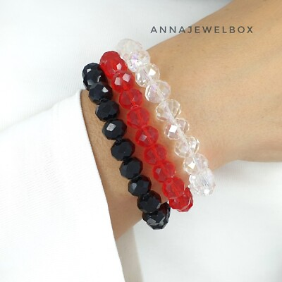 #ad Natural Crystal Glass Red amp; White 7 Black Beads Faceted Stretch Bracelet 3 Piece GBP 6.95