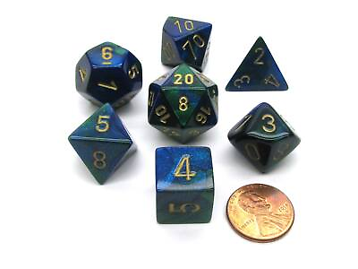 #ad Polyhedral 7 Die Gemini Chessex Dice Set Blue Green with Gold Numbers $6.45