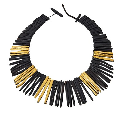 #ad HSN Natural Beauties Ebony Wood amp; Goldtone Leaf Graduated Necklace 22quot; HSN$200 $159.99