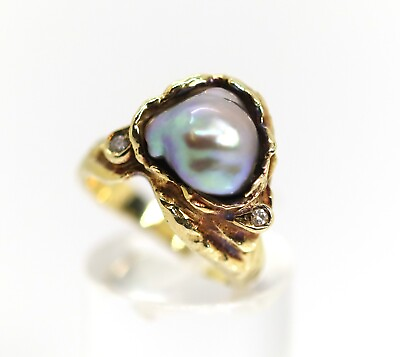 #ad Unique Yellow Gold Ring 585 14kt Natural Organic Style Tahiti Pearl Diamonds $897.71