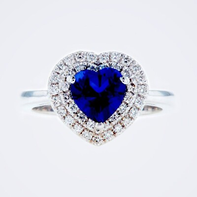 #ad 14K White Gold Over Natural Heart Shape Blue Sapphire Diamond Double Halo Ring $169.75