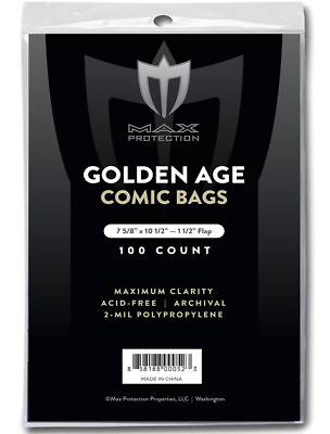 #ad 1 PACK 100 pc MAX PRO GOLDEN AGE COMIC BOOK BAGS 7 5 8 x 10 1 2 SLEEVES $12.33