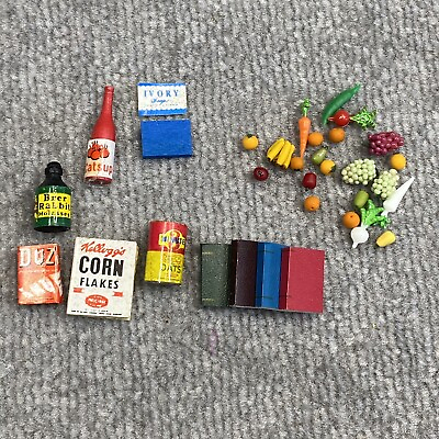 #ad Vintage Dollhouse Miniatures Accessories Lot Food Cleaner Place Mats Books Fruit $19.95