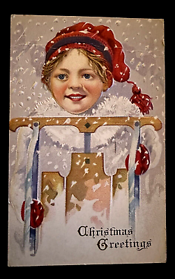 #ad Child in Red Hat with Sled in Snow Antique Christmas Postcard h619 $9.99