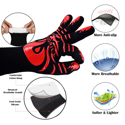 #ad 1 PAIR Cooking Oven Gloves Silicone Grill BBQ Mitts 1472℉ Extreme Heat Resistant $19.95