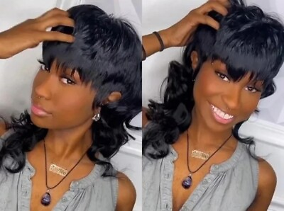 #ad Mullet Human Hair Wigs for Black Women Body Wave Wigs with Bangs Black Wigs USA $28.82