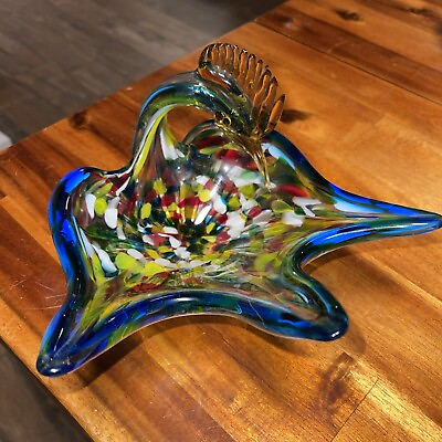 #ad VTG Glass Swan Bird Colorful MCM Candy Bowl UNIQUE blue Green Yellow Orange $45.00