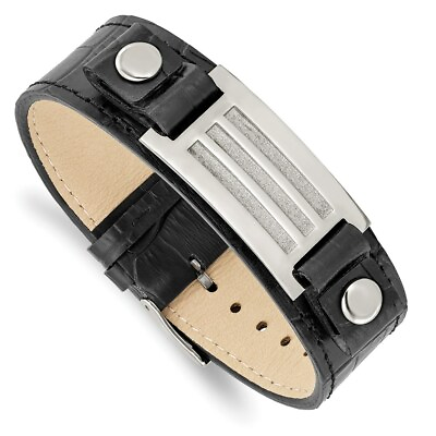 Stainless Steel Polished Black Leather w Buckle w Stone Finish 9.5in Brace $51.20