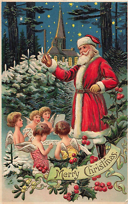 #ad SANTA CLAUS with Cherubs Angels Church Holly Antique Christmas Postcard h712 $19.99
