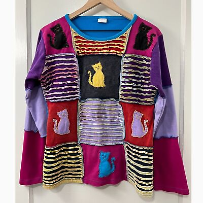 #ad Greater Good Network Women#x27;s Patchwork Colorful Cat Long Sleeve Top Size M L $16.50