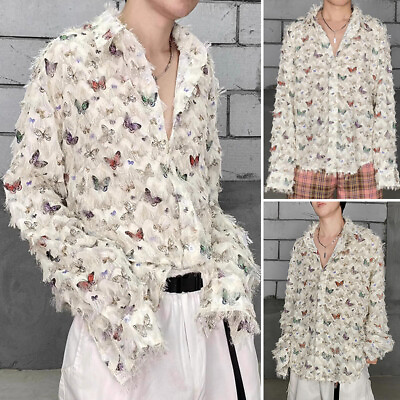 #ad INCERUN Mens Button Long Sleeve Printed Tassel T Shirt Casual Party Tops Blouse $23.74