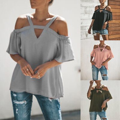 #ad Ladies T shirt Blouse Tops Sexy Women#x27;s Cold Summer Short Sleeve Shoulder V Neck $13.63