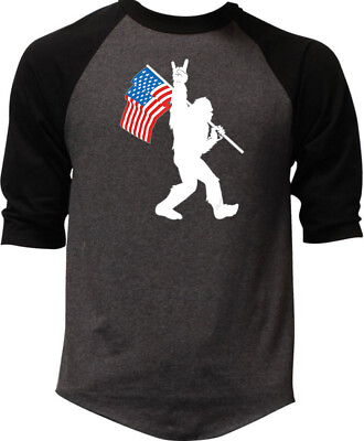 #ad Men#x27;s Bigfoot USA Flag F30 Charcoal Baseball Raglan T Shirt Sasquatch July 4th $14.99