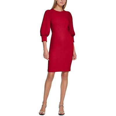 #ad Calvin Klein Womens Red Gathered Above Knee Puff Sleeve Sheath Dress 4 BHFO 7734 $16.99