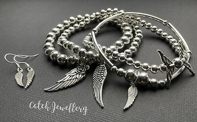 #ad 4 X Silver WINGS Stretch bracelet Stack And Free WING Earrings Bijoux Boho GBP 9.99