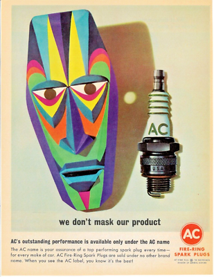 #ad 1963 AC Delco Fire Ring Spark Plug Vintage Print Ad Automotive Voodoo Mask $6.65