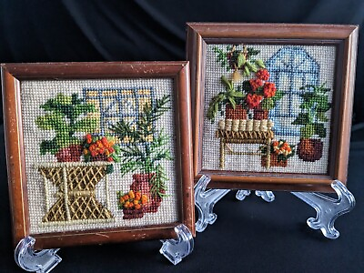 #ad Small Vintage Needlepoint Handcrafted Pictures Plants amp; Window Scenes Pair ... $29.95