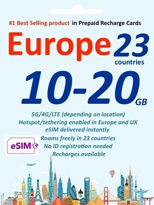 #ad UK amp; Europe Travel Data eSIM 10 20GB Data 10 30 Days delivered instantly AU $45.00