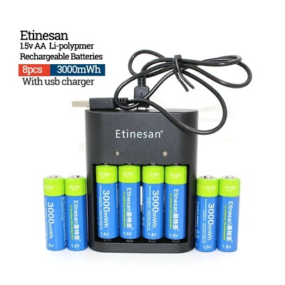 #ad Etinesan 1.5V 3000mWh AA Li polymer li ion Rechargeable batteries plus Charger $186.46