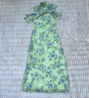 #ad Vintage Girls Y2K 90s Dress Floral Green Scarf Blue Roses Size 8 Girl Code $15.00