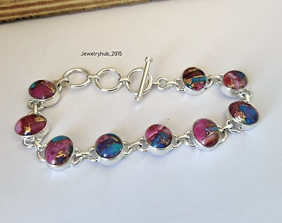 #ad Pink Oyster Copper Turquoise Gemstone 925 Sterling Silver Bracelet MO5121 $21.19