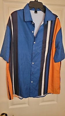#ad Men#x27;s Polyester Front Button Short Sleeve Shirt M 2 Tone Blue White amp; Orange $21.49