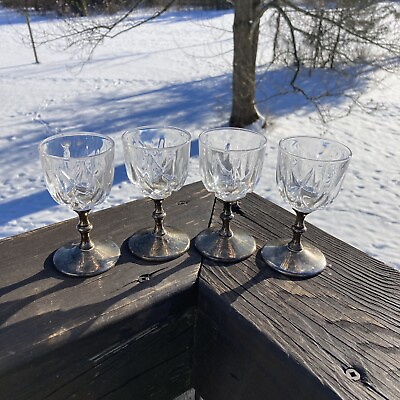#ad Vintage Set Of 4 Cut Glass Cordial Stemware Silver Plated Stems 3 3 4” Tall $28.87